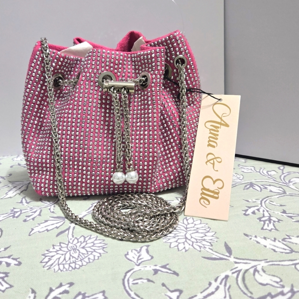 Studded Hobo Drawstring Shoulder Bag -Pink & Silver New, Crossbody